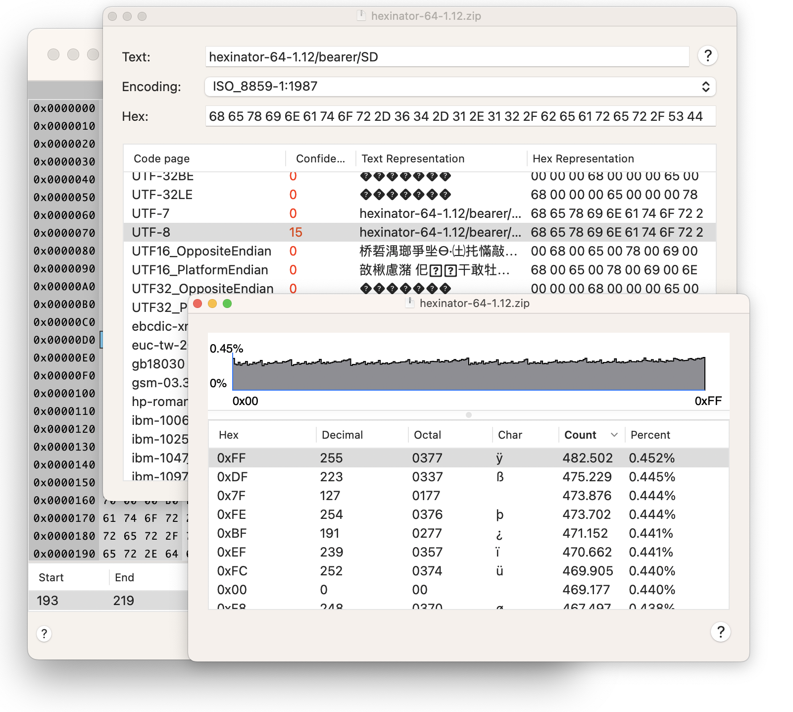 Screenshot of histogram and codepage comparison panels